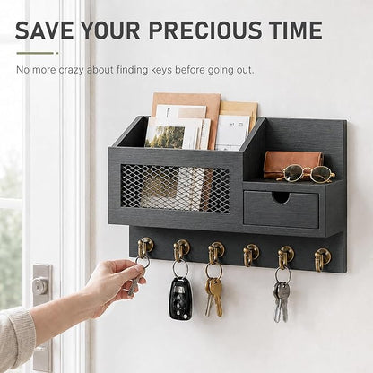 FifthQuarter Key and Mail Holder for Wall, Mail Organizer Wall Mount with 6 Hooks and Storage Drawer, Easy Installation Key Rack for Entryway and Home Decor (B-Black)
