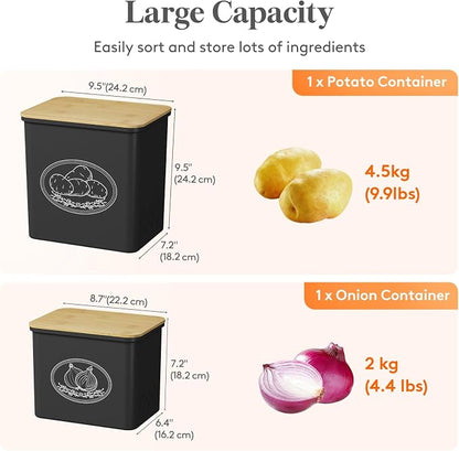 Lifewit Plastic Potato and Onion Storage Bin, Stackable Garlic Keeper with Aerating Holes and Lid, Vegetable Container Box for Pantry Countertop, Black, 24 x 18 x 24 cm/9.5 x 7 x 9.5 inch, Set of 2