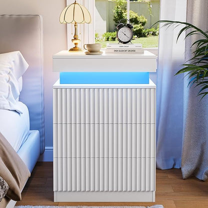 Nightstands Set of 2 with Charging Station & LED Lights, Modern Small Fluted Bedside & End Tables with 3 Drawers, Sliding Top & Hidden Storage, Wooden Farmhouse Night Stand for Bedroom Office,White