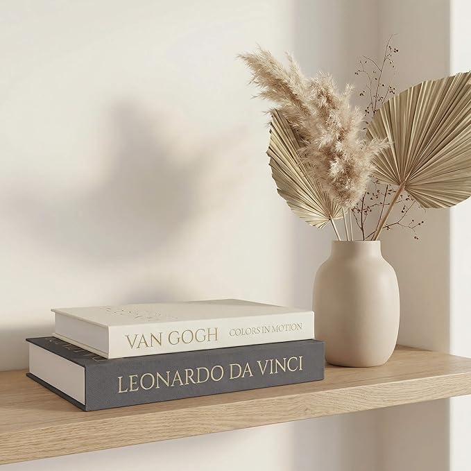 Decorative Storage Books Set of 2, Linen Cover, Gold Letters, Beige and Dark gray