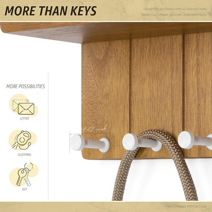 Rebee Vision Modern Farmhouse Key Holder Wall Mount - 8 inch Rustic Key and Mail Holder for Wall with 4 Hooks and Small Floating Shelf - The Perfect Aesthetic Stuff in Your Apartment (Light Brown)