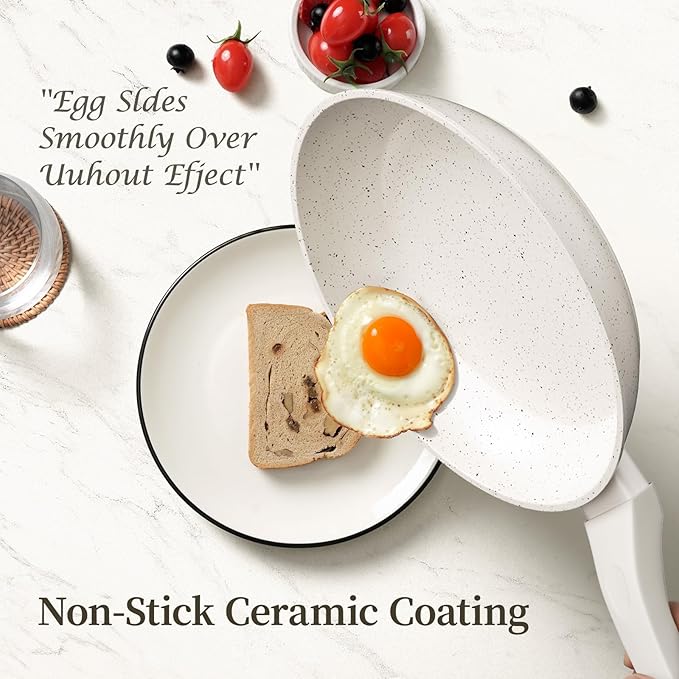 Innerwell 8 Inch Non Stick Frying Pan - White Ceramic Non Stick Skillet Frying Pans, Safe&No Toxic Egg Omelette Frying Pan, Small Nonstick Cookware Cooking Pan, Induction Compatible, PFOA&PFAS Free