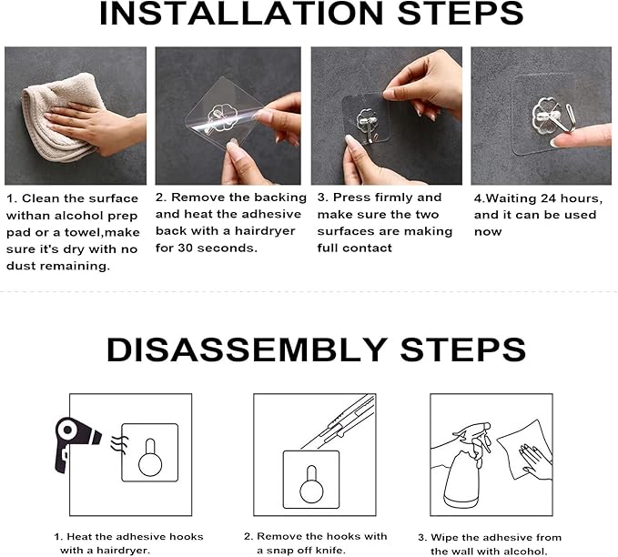 ZESLMG Adhesive Wall Hooks No Damage for Hanging, 24 Pack Large Self Sticky Hooks Heavy Duty 44lb Removable, Clear Hook for Shower Towel Coat Key Picture Wreath Outdoor Bathroom Kitchen, Waterproof