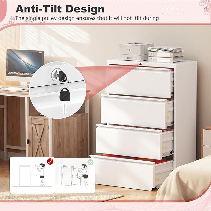 Superday Lateral File Cabinet 4 Drawer Metal File Cabinet with Lock, White Filing Cabinets for Home Office, Locking Filing Cabinets Hanging Files Letter/Legal/F4/A4