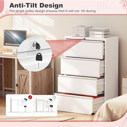 Superday Lateral File Cabinet 4 Drawer Metal File Cabinet with Lock, White Filing Cabinets for Home Office, Locking Filing Cabinets Hanging Files Letter/Legal/F4/A4