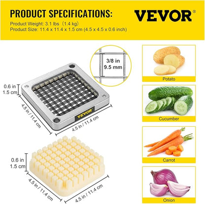VEVOR Replacement Chopper Blade, 3/8 inch, 3 PCS French Fry Blade Assembly with 6 Extra Knives, Stainless Steel Dicer Parts and Push Block for Cutting Potatoes Carrots Onions Cucumbers Mushrooms