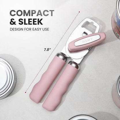 Zulay Kitchen Heavy Duty Stainless Steel Can Opener Manual with Bottle Opener - Rust Proof Manual Can Opener With Turn Knob & Comfy Soft Grip Handles - Light Pink