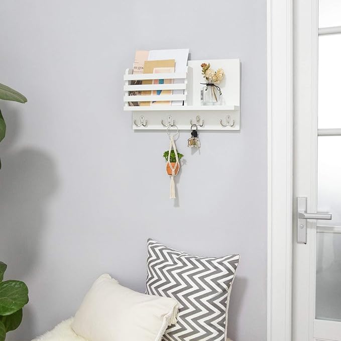 Dahey Wall Mounted Mail Holder Wooden Key Holder Rack Mail Sorter Organizer with 4 Double Key Hooks and A Floating Shelf Rustic Home Decor for Entryway or Mudroom,15.7" W x9.3 Hx3.2 D, White