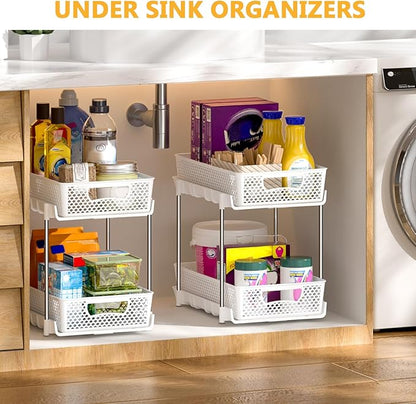 2 Pack Pull Out Bathroom Organizers and Storage, 2 Tier Stackable Under Sink Storage Organizer for Bathroom, Kitchen Cabinet, Pantry, and Medicine Holder, Organization and Storage - White