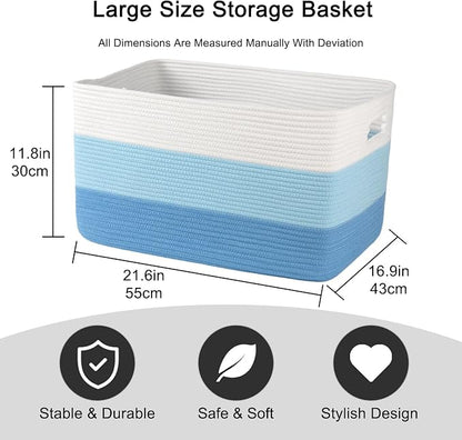 OIAHOMY Large Blanket Basket, 22”x17”x12” Rectangle Woven Baskets, Nursery Blanket Storage Living Room, Toy Storage With Handle, Large Baskets for Organizing-Gradient Light Blue
