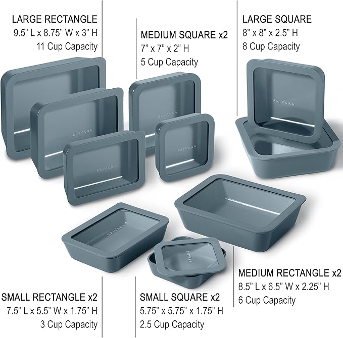 BRIVARA HOME Ceramic Coated Glass Food Storage Containers | No PTFE, PFOA, PFAS, and BPA | Reusable Non Toxic Meal Prep Containers with Glass Lids | Easy To Store | 10 Piece Set [Dusk]