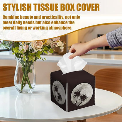 Full Moon Tissue Box Cover 2PCS, Palm Tree Leather Tissue Box Holder Square Facial Paper Case Tissue Box Cube Organizer for Bathroom Bedroom Desk Office