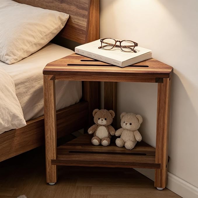 IBosins Corner Shower Stool with Storage Shelf Shower Foot Rest for Shaving Legs Small Bench for Inside Shower to Sit on Bath Seat - Acacia Wood, 16.1in