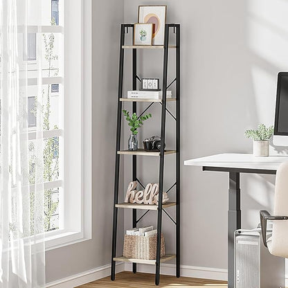 Ladder Shelf, Bookshelf Bookcase, Freestanding Corner Storage Shelve with 2 Hooks for Home Office, Living Room, Kitchen, Bedroom, Industrial, 11.8" D x 13.4" W x 63" H, Greige BC03205B