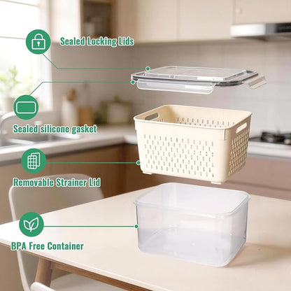 5 PCS Fruit Storage Containers for Fridge Produce Containers for Fridge with Removable Colander Berry Storage Containers Veggie BPA-Free Plastic Crisper for Long-Term Freshness
