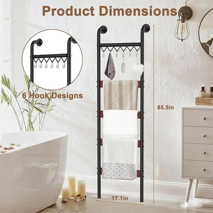 Wooden Blanket Ladder, Wall-Leaning Blanket Rack, 5 Tier Ladder Shelf, 5.6 ft Blanket Holder, Decorative Display Ladder Shelf for Storage and Home Decor, Rustic Brown and Black