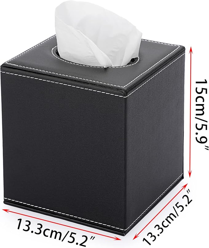 Sumnacon Square Leather Tissue Box Cover - Stylish Cube Tissue Box Holder with Magnetic Bottom, Decorative PU Tissue Box for Vanity Dresser Night Stand Table Countertop Home Office Car, Black