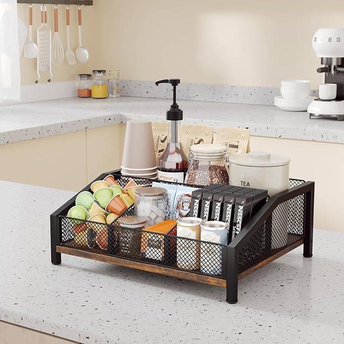Homsorout Coffee Station Organizer - Coffee Bar Organizer with Removable Dividers for Pods Condiment Syrup Tea Stirrers, K Cup Holder for Kitchen, Office, Home, Countertop, Brown