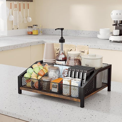 Homsorout Coffee Station Organizer - Coffee Bar Organizer with Removable Dividers for Pods Condiment Syrup Tea Stirrers, K Cup Holder for Kitchen, Office, Home, Countertop, Brown