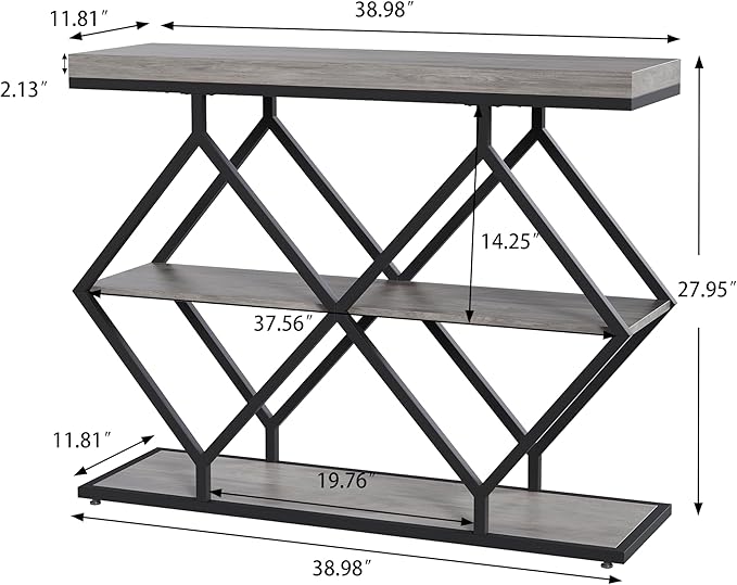 Garvee 3-Tier Entryway Table, Industrial Console Sofa Table with Storage, Accent Table with Open Shelves, Diamond-Shaped Metal Frame, Foyer Table for Entryway, Hallway, Gray
