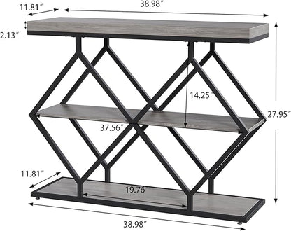 Garvee 3-Tier Entryway Table, Industrial Console Sofa Table with Storage, Accent Table with Open Shelves, Diamond-Shaped Metal Frame, Foyer Table for Entryway, Hallway, Gray