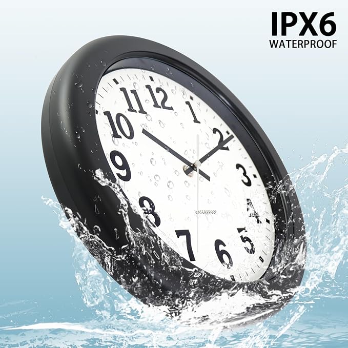 Caysie 12 Inch Sealed Indoor Outdoor Clock Waterproof, Silent Battery Operated Weatherproof Wall Clocks for Pool Patio Outside Home (Black)