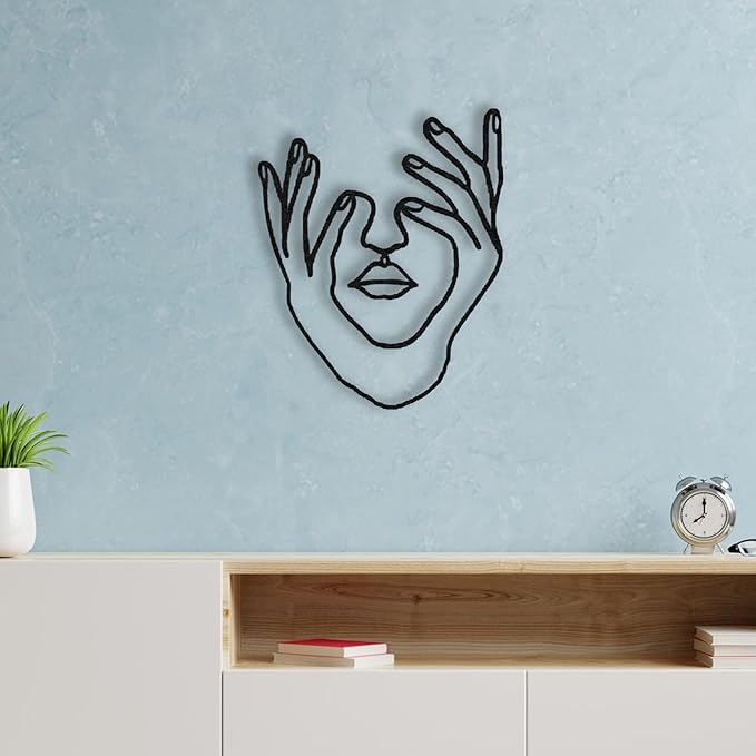 Wita Home Modern Hands and Face Woman Metal Wall Art, Minimalist Line Art for Living Room, Bedroom, or Office, Artistic Iron Wall Decor, Gift for Her, Elegant 3D Black Metal Sculpture (32x24 inches)