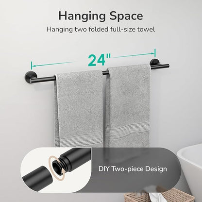 USHOWER 2-Pack Matte Black Towel Bar, 24-Inch Towel Racks for Bathroom Wall-Mounted, SUS304 Stainless Steel Towel Rod (Total Length 26-Inch)