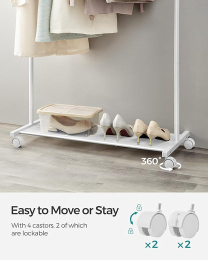 SONGMICS Clothes Rack with Wheels, Clothing Rack for Hanging Clothes, 25.4 mm Metal Garment Rack with Dense Mesh Storage Shelf, 110 lb Load Capacity, 2 Brakes, Cloud White UHSR025W01