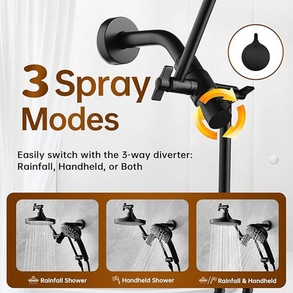 BRIGHT SHOWERS High Pressure Dual Shower Head Combo with Handheld and Rain Shower, Built-in Power Wash, 9 Settings, Height Adjustable Extension Arm, 3-Way Diverter, 69” Hose, Matte Black