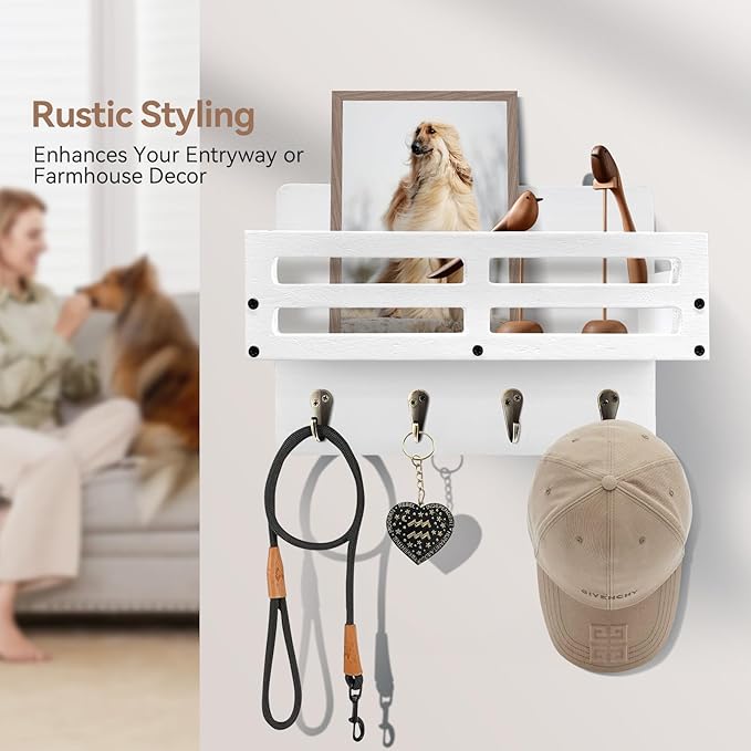 Key Holder Wall Mount Farmhouse Key Hooks for Wall with Mail Organizer Decorative Key Rack with 4 Sturdy Hooks for Dog Leash, Sunglasses, Rustic, Paulownia Key Hanger for Entryway