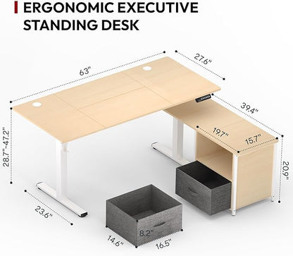 SANODESK 63'' L Shaped Standing Desk with 2-Drawer File Cabinet, Electric Height Adjustable Stand up Desk w/USB Charge Ports, Home Office Modern Wood Computer Desk with Shelves,White Frame/Maple Top
