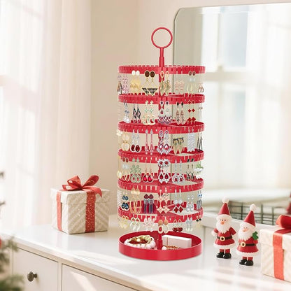 iDavosic.ly 6 Tier Rotating Earring Holder Organizer with Metal Tray, Adjustable Plastic Dangle Display Stands Tree with 342 Grooves, Large Hoop Storage Rack Tower, Red