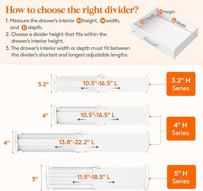 Lifewit 9 Pack Drawer Dividers for Clothes, 4" High 10.5"-16.5" Expandable Dresser Drawer Organizers, Adjustable White Plastic Separators for Kitchen, Cabinet, Nursery, Socks & Underwear Storage