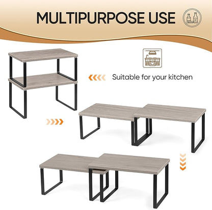 NEX Kitchen Cabinet and Counter Shelf Organizer, Shelf Riser for Pantry Countertop Cupboard Desk Top, Stackable & Expandable, Set of 4, Black and Greige