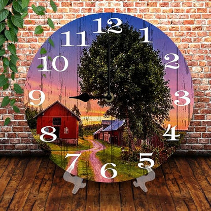 Rural Scenery Wall Clock 10 Inch Silent Non Ticking Battery Operated Wooden Modern Office Simple Minimalist Clock Decorative for Kitchen Home Bathroom Living Room