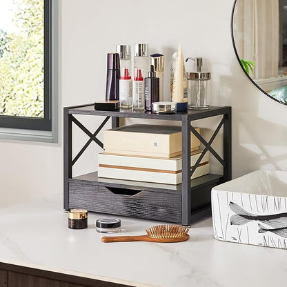 IBUYKE 2 Tier Desktop Printer Stand,Multi-Purpose Desk Organizer,Wooden Printer Stand with Drawer Storage for Folders,Books,for Fax Machine, Scanner,Home Office,Black TLJ006B