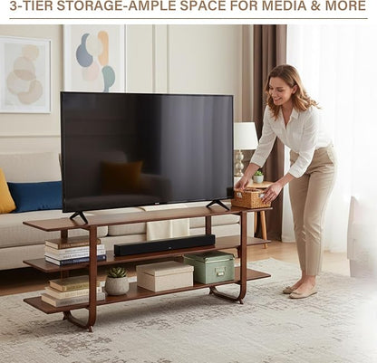 Tiita Wooden TV Stand for 65 Inch TV, Modern Media Console Table with 3-Tier Storage Shelves, Long Entertainment Center for Living Room, Walnut TV Stand with Open Display Rack