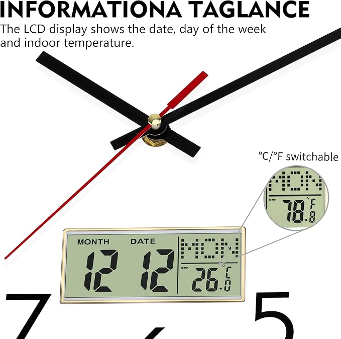 Lumuasky Wall Clock Digital 12" Non-Ticking Silent Battery Operated Analog with LCD Display for Perpetual Calendar and C° Temperature, Ideal Modern Home, Bedroom, Kitchen, Office Decor
