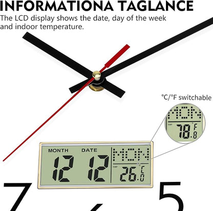 Lumuasky Wall Clock Digital 12" Non-Ticking Silent Battery Operated Analog with LCD Display for Perpetual Calendar and C° Temperature, Ideal Modern Home, Bedroom, Kitchen, Office Decor