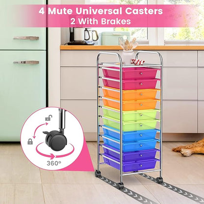 OFFICEJOY Storage Cart, Rolling Utility Cart with 10 Drawers, Portable Handles & Lockable Wheels, Mobile Paper Toys Storage Organizer Large Capacity for Home Office School Teacher (Rainbow)