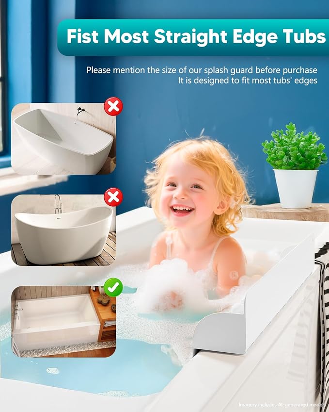 24 Inch Bathtub Splash Guard, Silicone Bath Tub Tray with 10 Strong Suction Cups, Bathtub Shelf Toy Holder, Prevent Water Spills in Bathroom, Easy Clean & Fold, White
