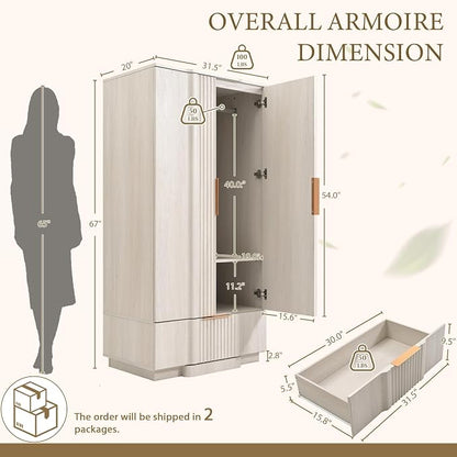 Yechen 67" Fluted Armoire Wardrobe Closet with Doors and Drawer, Wooden Wardrobe Cabinet with Adjustable Shelve, Modern Small Armoires for Hanging Clothes Coats for Bedroom, White Grey