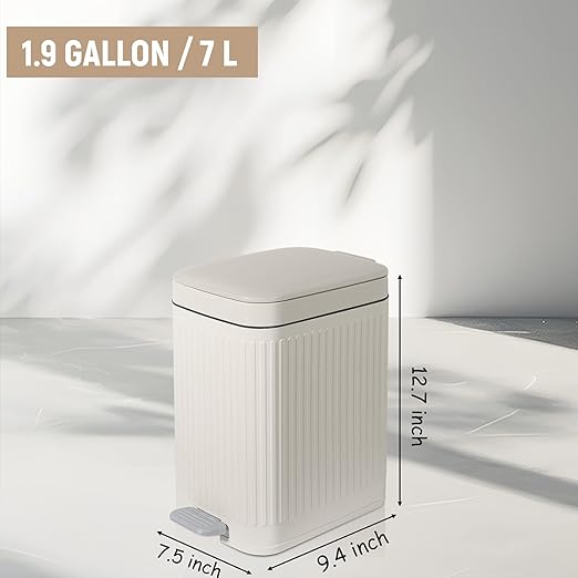 rejomiik Small Bathroom Trash Can with Lid Slim Soft Close Garbage Can Step Wastebasket Container Trash Bin for Office Bedroom Kitchen Living Room (1.9 Gallon Cream)