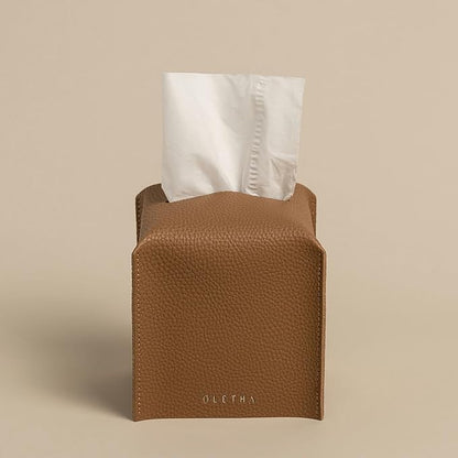 OLETHA Square Tissue Box Cover - Aesthetic Desk Decor for Room, Home & Office - Tissues Cube Boxes Holder - Pale Brown