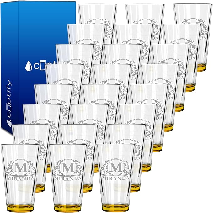 Personalized Beer Glasses Set of 24 Engraved Yellow 16oz Pint Glasses, Custom Wedding Favors, Groomsmen Gifts, Birthday Parties & More