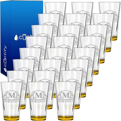 Personalized Beer Glasses Set of 24 Engraved Yellow 16oz Pint Glasses, Custom Wedding Favors, Groomsmen Gifts, Birthday Parties & More
