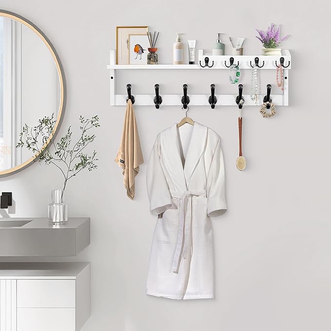 Coat Rack Wall Mount with Shelf, 27.5" Entryway Wall Hanging Shelf, Coat and Key Hanger with 10 Dual Hooks, Mail Organizer and Key Holder Hat Rack for Wall, Wood Coat Hooks with Storage