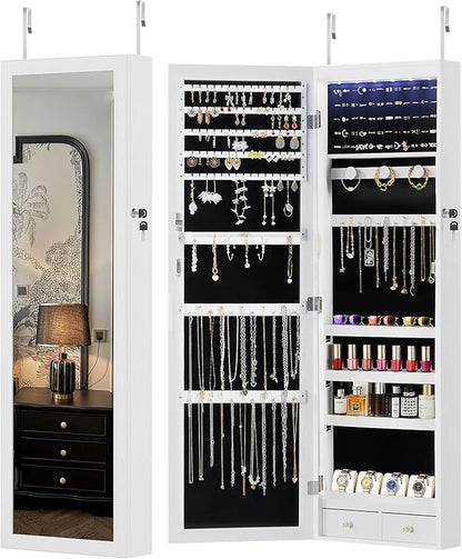 DUMOS 6 LEDs Mirror Jewelry Cabinet, Wall or Door Mounted Jewelry Organizer, 47.2-Inch Tall Lockable Large Capacity Cosmetic Storage, Gift Idea, White
