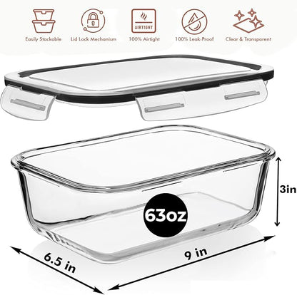 Razab 4 PC 1860ml / 63 Oz / 8 Cups Large Glass Food Storage Containers with Lids - Glass Meal Prep Containers for Roasting & Storing Leftover, Lunch Container with Lids, Microwave & Oven Safe